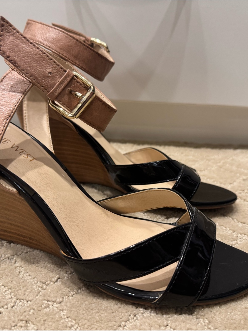 Nine West Black Patent & Rose Gold Wedge Sandals